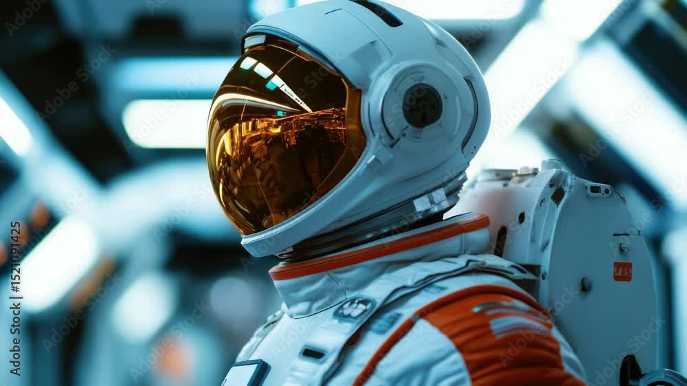 Poster a detailed view of someone dressed in a space suit, great for sci-fi or futuristic concepts