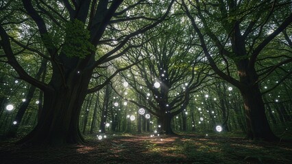 Naklejka premium Sunbeams filtering through the lush canopy illuminate floating lights, creating a surreal and enchanting atmosphere in a magical forest during a peaceful daytime