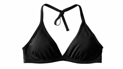 Black bikini top isolated on a transparent background, providing a versatile asset for summer themed designs and swimwear fashion imagery