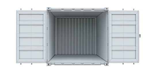 Wireframe model displaying the front of a cargo container with open doors. Isolated on a transparent background. 3D illustration.
