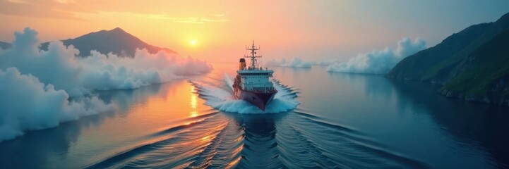 Naklejka premium Longship fleet cutting through dense morning mist , Sweden, history