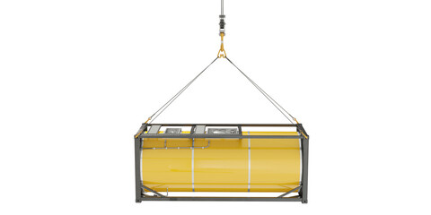 Yellow pressure tank container hanging by hooks, side perspective. Isolated on transparent...
