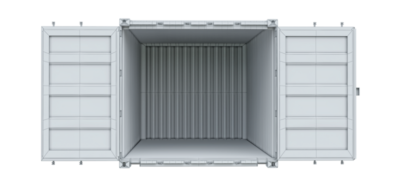 Wireframe model displaying the front of a cargo container with open doors. Isolated on a transparent background. 3D illustration.