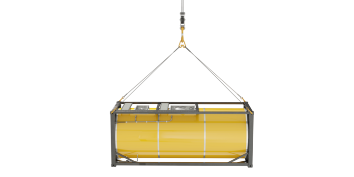 Yellow pressure tank container hanging by hooks, side perspective. Isolated on transparent background. Without labels. 3d illustration