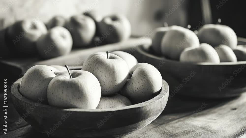 Poster a still life image featuring two bowls, one filled with apples and the other with pears, placed on a