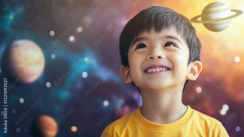 Poster a smiling young boy poses in front of planet illustrations, perfect for use in educational or inspir