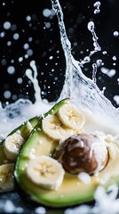 Fresh avocado and banana slices with a splash of liquid.