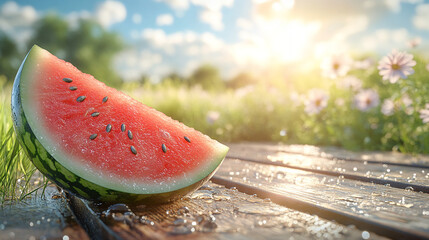 Portrait of a watermelon slice resting on a wooden picnic table