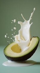 Fresh avocado half with milk splash.