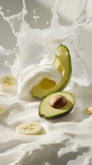 Avocado and banana slices in a milk splash.
