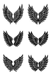 Stylized Wing Silhouettes in Vector Format. Set of Black Feathered Bird and Angel Wings on White Background. Ideal for Tattoo Concepts, Logo Elements, and Creative Branding


