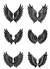 Vector Set of Wings Silhouettes in Black. Bird and Angel Feather Wing Icons on White Background. Use for Tattoo Designs, Branding Logos, and Decorative Graphic Projects

