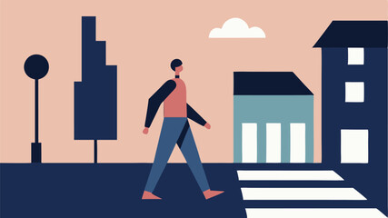 Person crossing street at zebra crossing in minimalist cityscape illustration