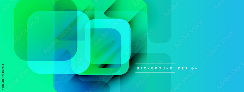 Poster abstract geometric shapes overlap. vibrant turquoise, green hues create modern design. smooth gradie