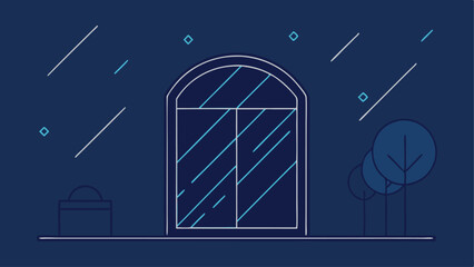 Minimalist dark blue illustration of an arch door and landscape elements