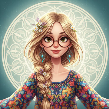 Groovy Blonde Girl in Mandala Backdrop and Floral Dress
