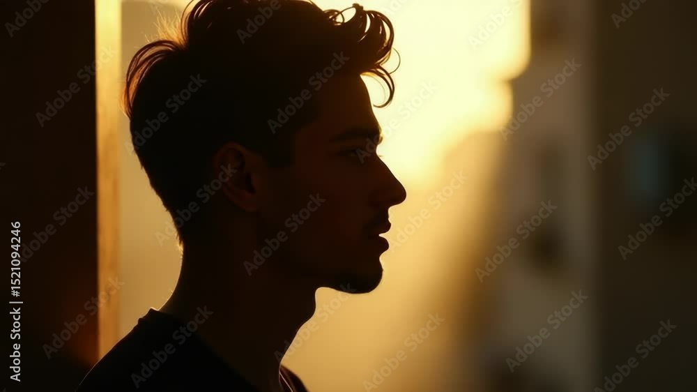 Poster a person poses in front of a structure, with sunlight shining from behind