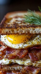 Crispy toasted bread sandwich layered with bacon, fried egg, and seasonings.