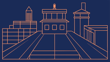 Minimalist cityscape outline vector illustration of buildings and roads on dark blue background