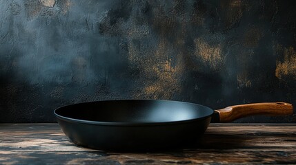 A dark, empty frying pan with a wooden handle rests on a rustic wooden surface against a textured, dark-blue-and-gold backdrop.  Subtle light highlights the pan
