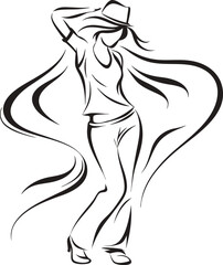 Elegant woman in hat dancing line art vector illustration full length