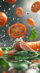 Freshly Sliced Vegetables and Meat with Water Splashes.