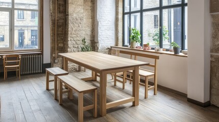 Compact Japanese wooden dining set with slim chairs and low table