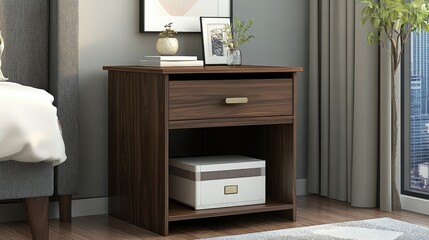 Compact wood nightstand with open bottom shelf and drawer