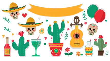 Fototapeta premium Mexican Fiesta Elements for Celebrations and Events with Cacti, Skulls, and Musical Instruments