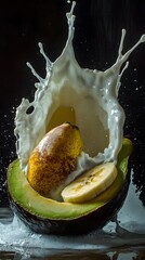 A halved avocado with pear and banana slices, immersed in a milk splash.