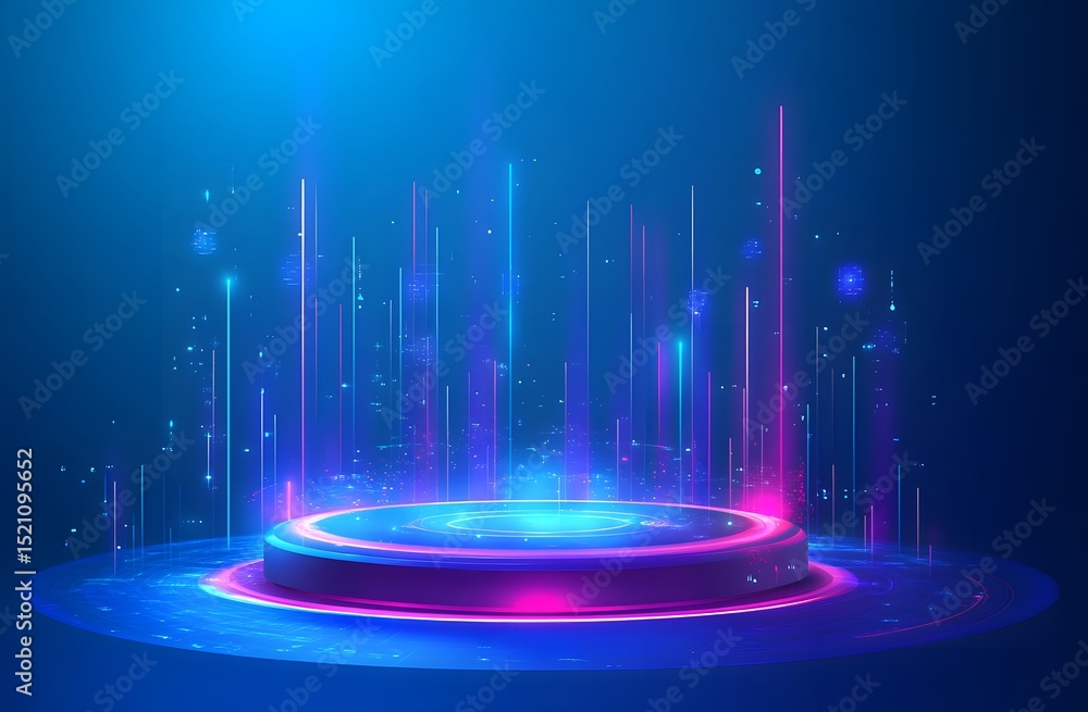 Poster abstract futuristic blue technology background with glowing circular podium and hologram elements fo