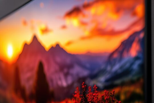 Vibrant sunset paints the majestic mountains with fiery hues, foregrounded by wildflowers.