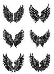 Black Feather Wings Icons Collection. Bird and Angel Silhouette Designs for Tattoos and Logo Use. Vector Set of Flight Wing Symbols on White Background for Modern Creative Branding

