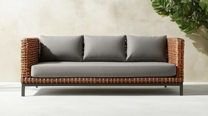 Fototapeta premium Minimalist steel-framed outdoor sofa with rattan weave backrest