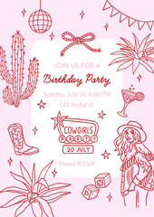 Cowgirl party invitation template with sample text. Hand drawn elements Disco ball, rope bow, cactus, agave, girl, cowboy boots, dice, citrus cocktail, garland, stars. Cowboy wild western concept
