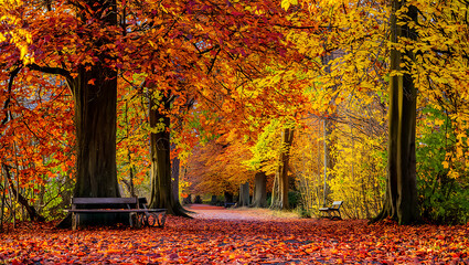 An enchanting path winds through the autumn forest, showcasing vibrant fall foliage and the serene beauty of nature