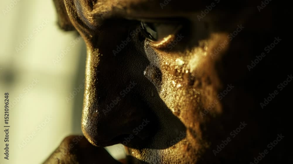 Poster A close-up of a man's face with his hand resting on his chin, showing deep thought and contemplation