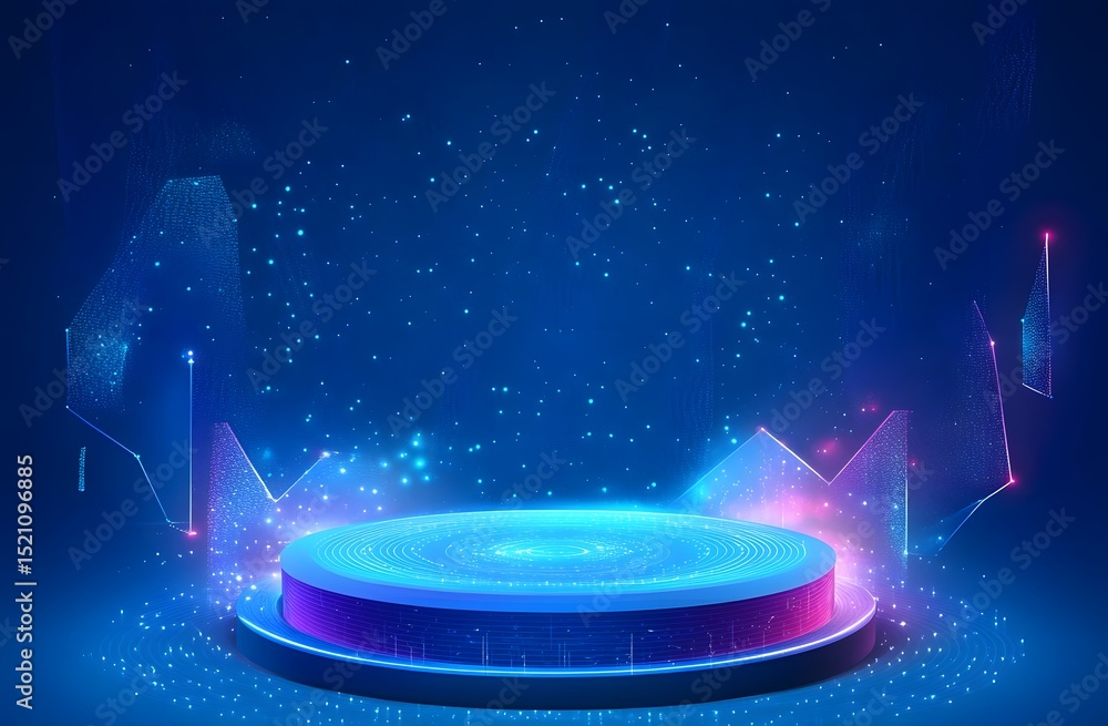Poster abstract futuristic blue technology background with glowing circular podium and hologram elements fo