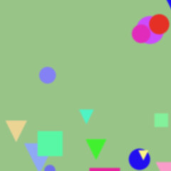 A vibrant and dynamic composition featuring an array of geometric shapes scattered across a serene light green canvas.