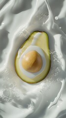 Half an avocado set against a backdrop of flowing, creamy milk.