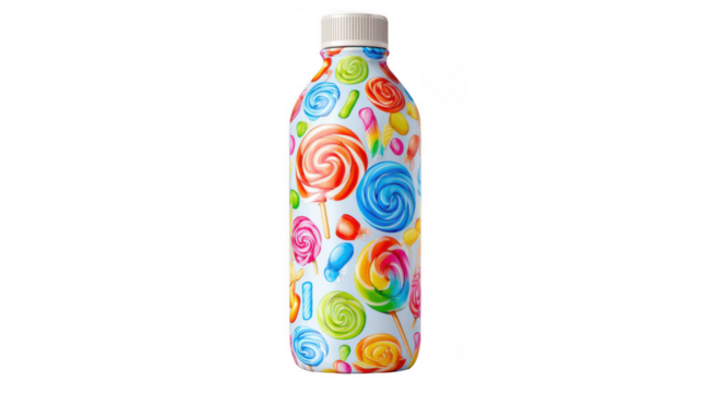 Vibrant lollipop and candy pattern decorating a smooth bottle against a transparent background, perfect for showcasing sweet beverage packaging designs