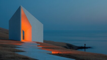 White minimalist architecture by the lake