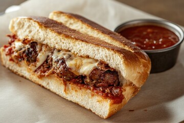 Delicious meatball sub with melted mozzarella cheese and marinara sauce on a toasted roll.