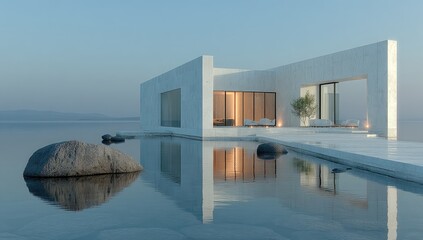 White minimalist architecture by the lake