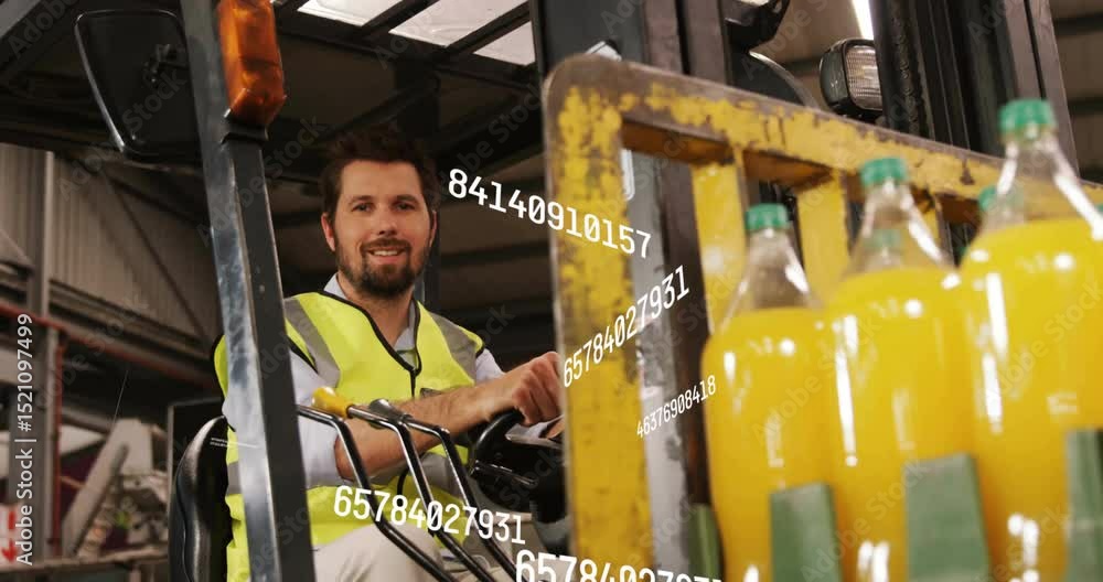 Poster Forklift operator gripping controls and lifting pallet while digital inventory data updating stock