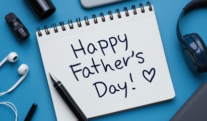 Happy Father's Day Note with Pen on Blue Background, Plus Earphones and Mobile Phone