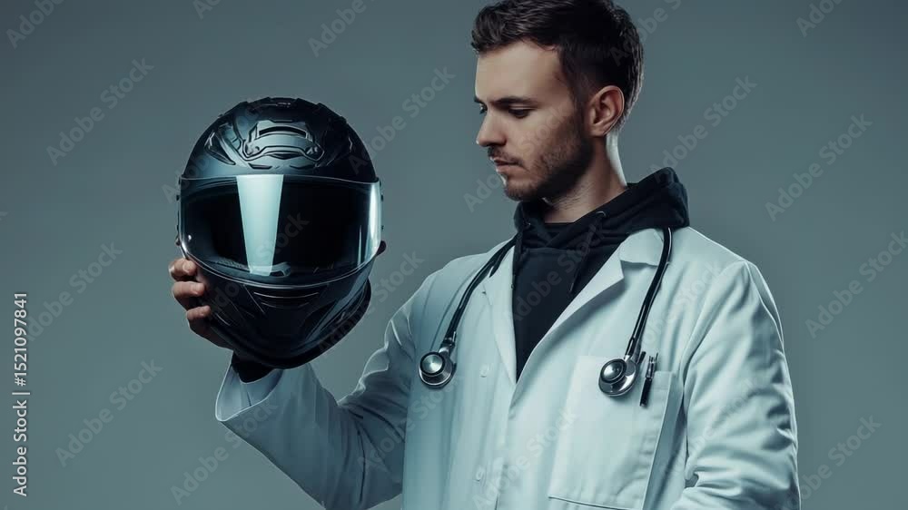 Poster a scientist in a lab coat holds a helmet, ready for experimentation or safety precautions
