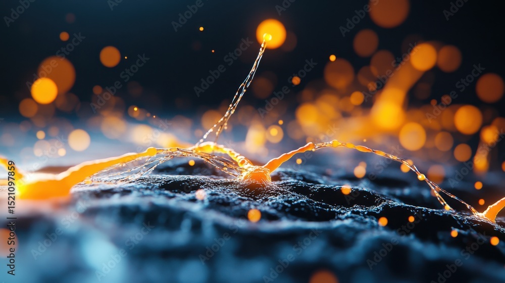 Poster bright orange neural network with glowing axons spreading across deep black backdrop