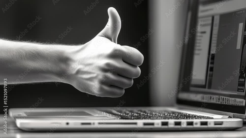 Poster a person showing approval with a thumbs up gesture in front of a laptop computer