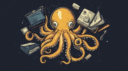 A whimsical octopus surrounded by books and stationery, symbolizing knowledge and creativity